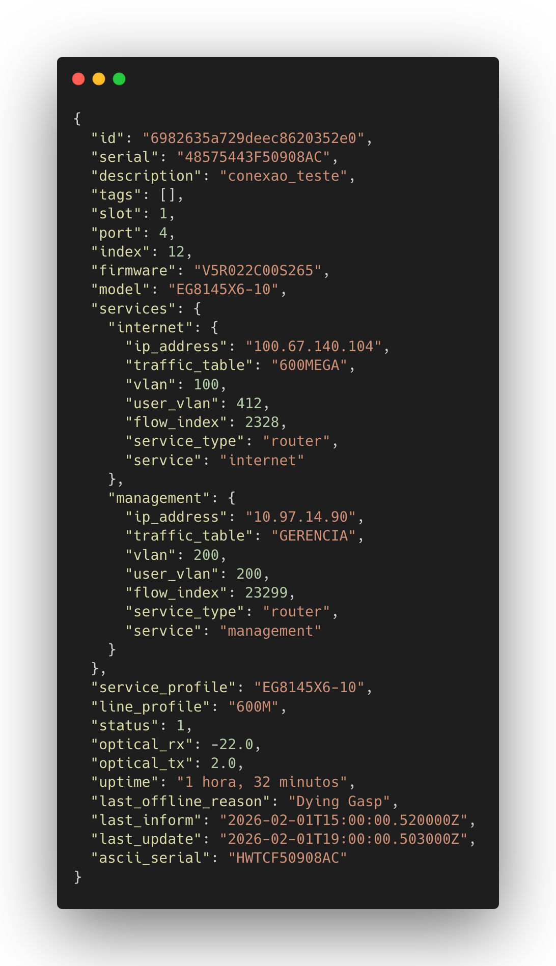 API Fiberbot - Resposta JSON